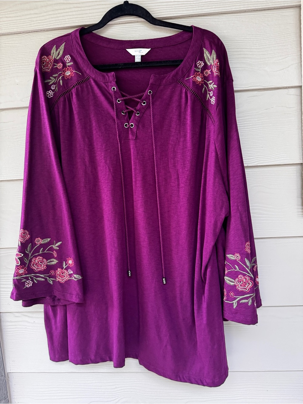 Terra & Sky Tunic Top Womens 3X 24W 26W Purple Floral Embroidered Lace Up Boho